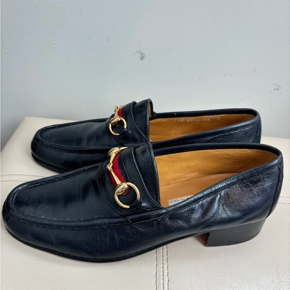 Vintage Gucci Gold Horse-bit Navy Blue Leather Loafers With Red Stripes Size 42S